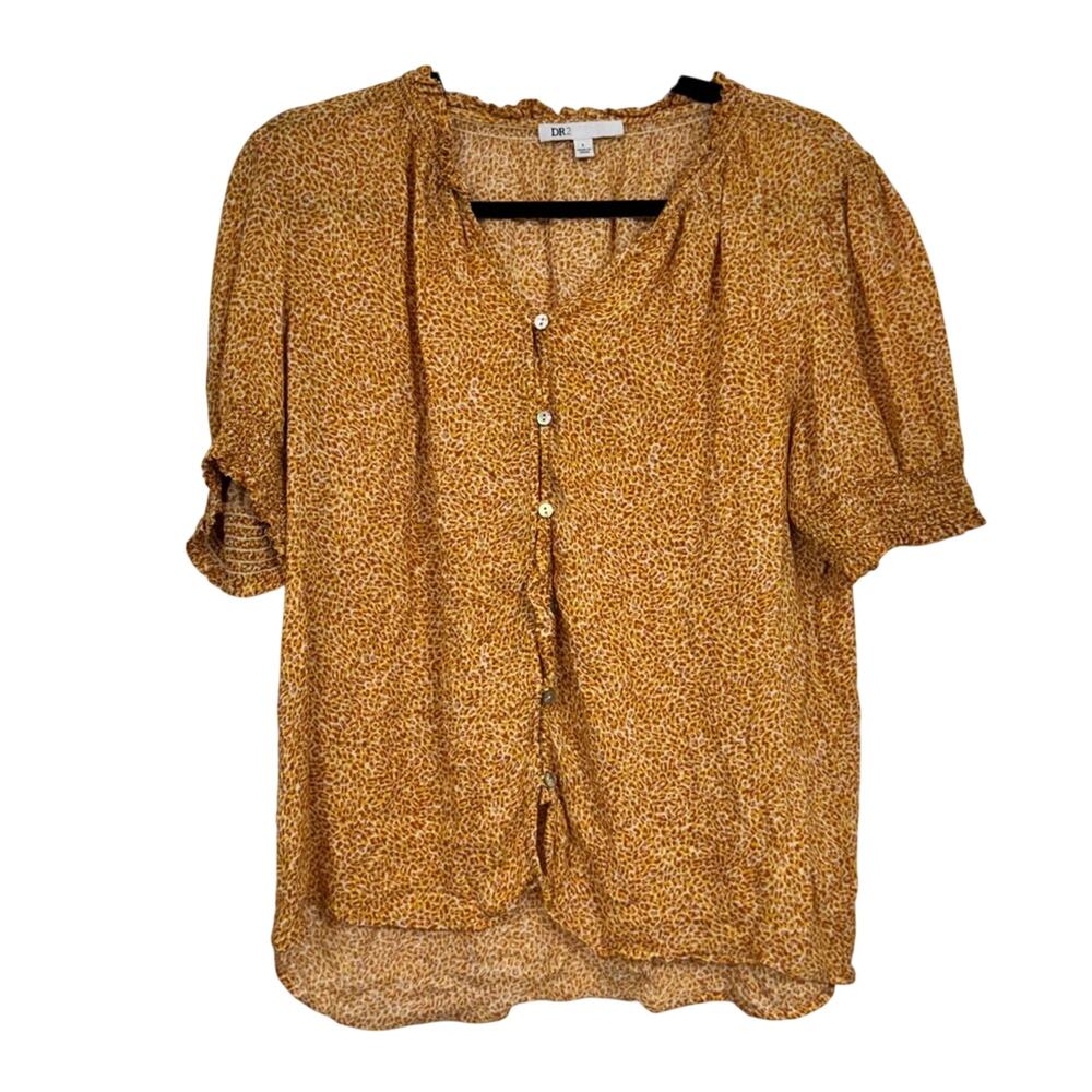 Daniel Rainn Yellow Orange Leopard Print Blouse Womens L Shoet Sleeve Boho Top